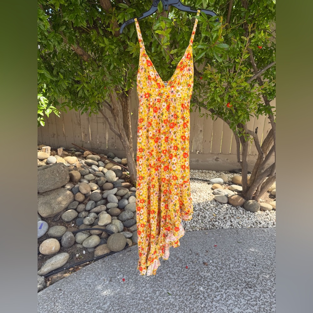 Arizona jean co yellow floral asymmetrical dress adjustable strap hi-low ruffle